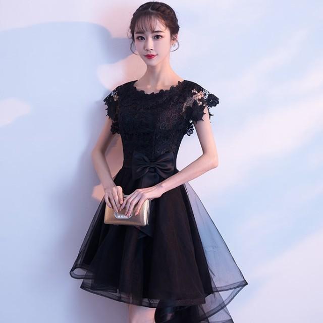 レディースファッション パーティードレス 韓国 ドレス 黒 フィッシュテール レース ウエストリボン 20代 半袖 Ａライン フレア 大きい